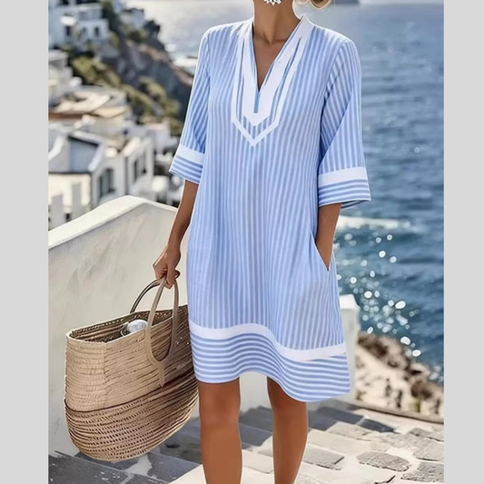 Full Size Striped V-Neck Casual Dress Plus Size