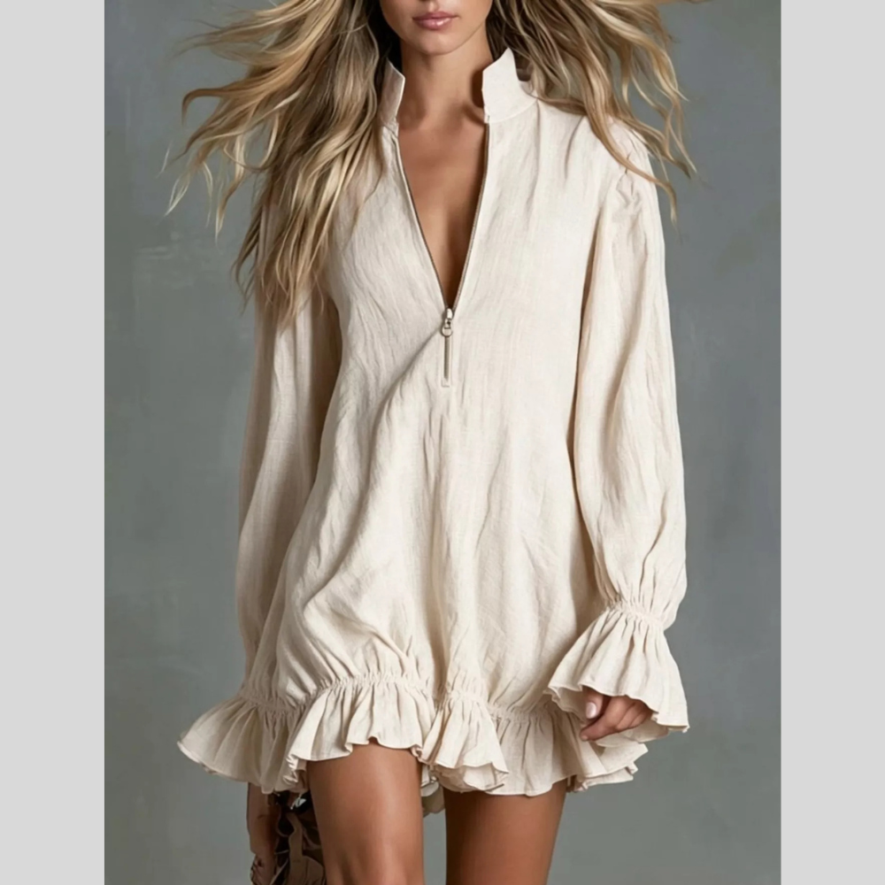 Zipper Front Ruffle Hem Flounce Sleeve Mini Dress