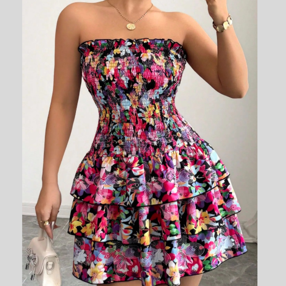 Strapless Smocked Floral Tiered Mini Dress
