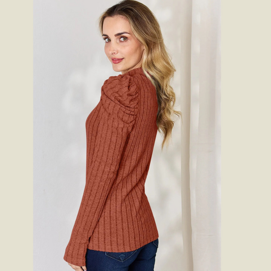 Basic Bae Full Size Ribbed Mock Neck Puff Sleeve T-Shirt
