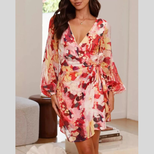 Surplice Long Sleeve Tie Waist Dress