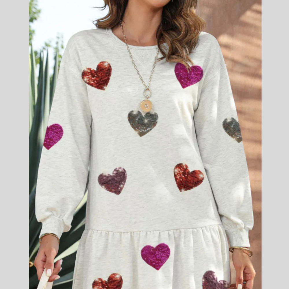 Sequin Heart Round Neck Long Sleeve Mini Dress