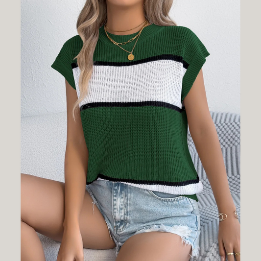 Color Block Cap Sleeve Crew Neck Sweater Top