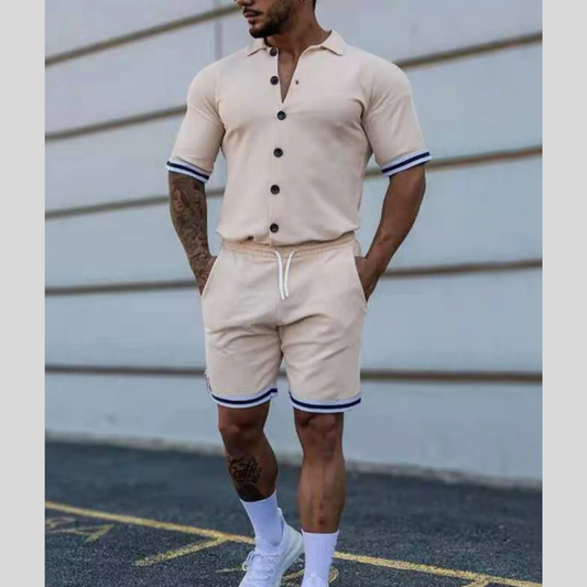 Men's Full Size Striped Hem Button Up Top and Shorts Set Plus Size