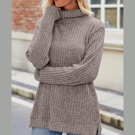 Ribbed Turtleneck Long Sleeve Slit Knit Top