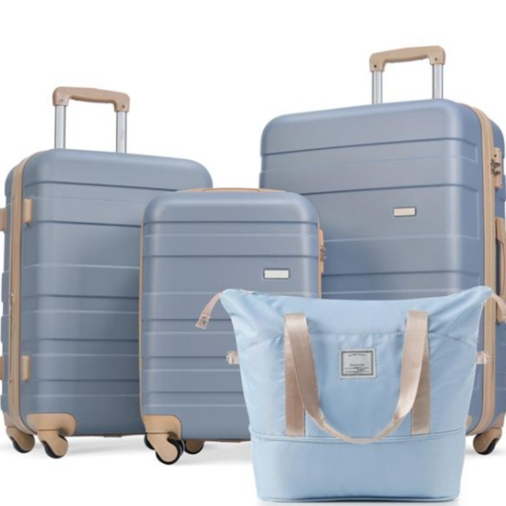 Luggage Set Of 4, Expandable ABS Durable Suitcase With Travel Bag, Carry-on Suitcase Set With 360 Degrees Swivel Wheels, Light Blue- FREE USA SHIPPING