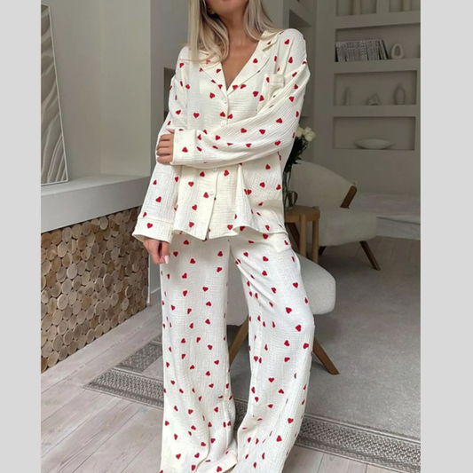Heart Print Long Sleeve Top and Pants Lounge Set
