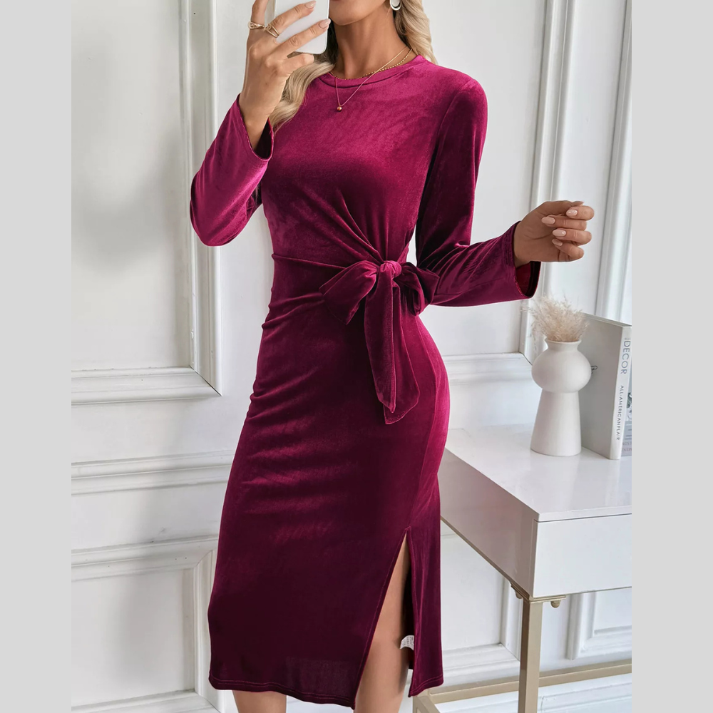 Velvet Slit Round Neck Long Sleeve Dress with Side Tie Detail