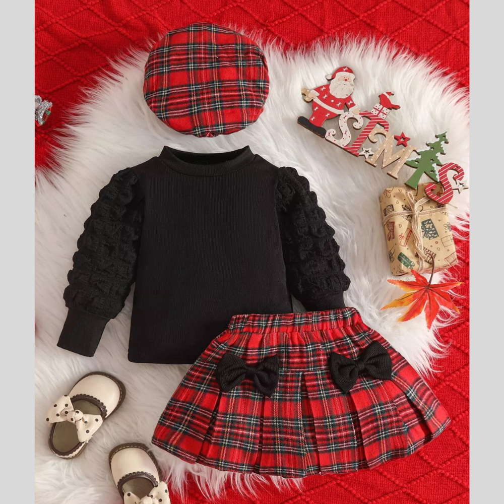 Children's Puff Sleeve Top and Plaid Skirt Set with Hat