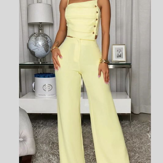 Decorative Button Smocked Back Cami and Wide Leg Pants Set