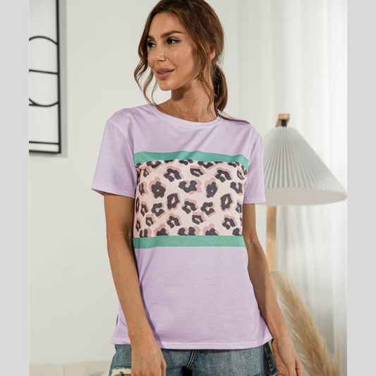 Leopard Color Block Side Slit Tee