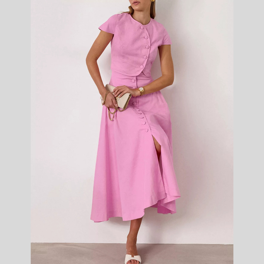 Cap Sleeve Button-Down Crop Top and Midi Skirt Set