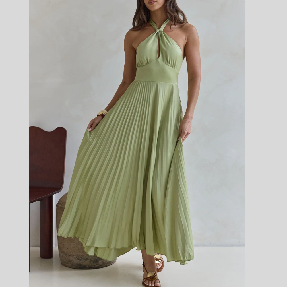 Halter Neck Pleated A-Line Dress