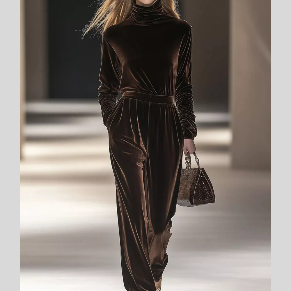 Full Size Velvet Turtleneck Long Sleeve Top and Wide-Leg Pants Set Plus Size