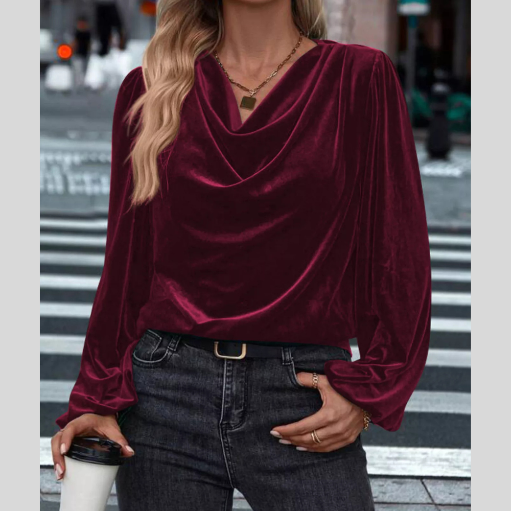 Velvet Cowl Neck Long Sleeve Blouse