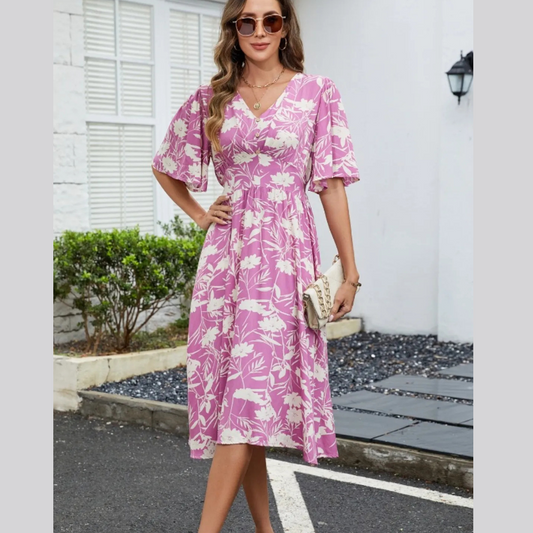 Printed V-Neck Flutter Sleeve Dress