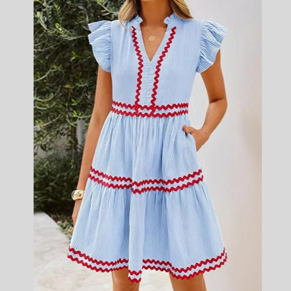 Striped Ruffle Sleeve Tiered Dress