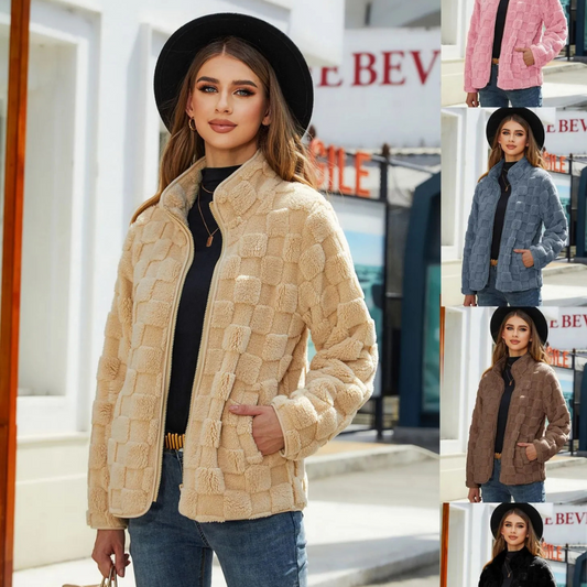 Loose Solid Color Plaid Plush Coat