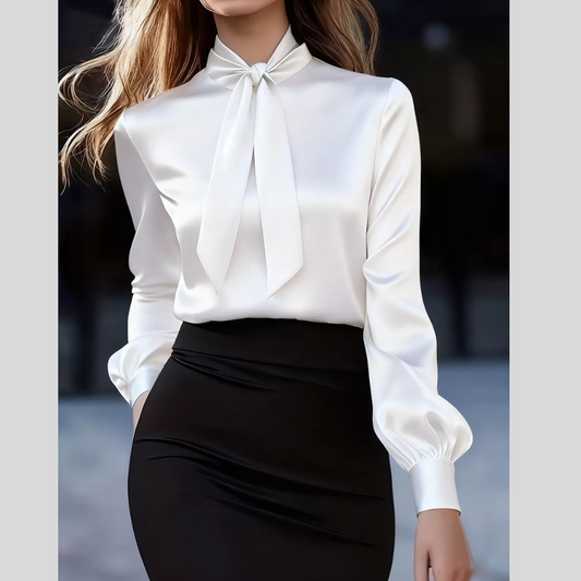 Tie Neck Satin Long Sleeve Blouse