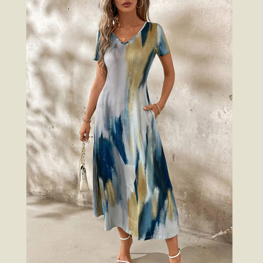 Tie-Dye V-Neck Short Sleeve Midi Tee Dress