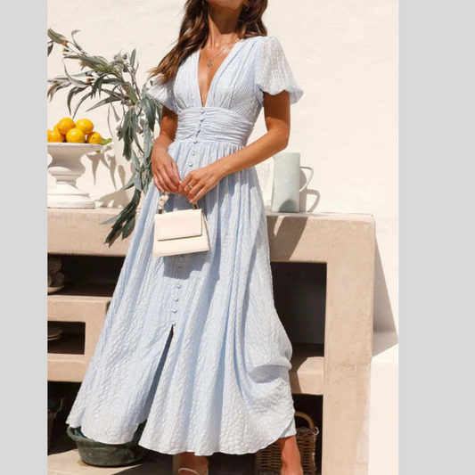 V-Neck Puff Short Sleeve Midi Dress