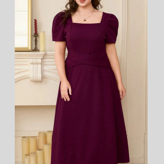 Plus Size Square Neck Puff Sleeve Midi Dress