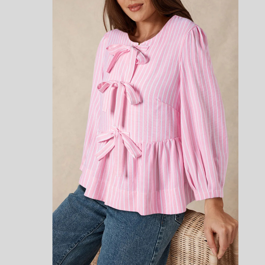 Tied Bow Striped Round Neck Blouse