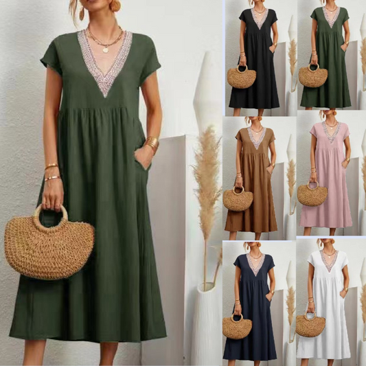 European And American Solid Color Lace V-neck Sleeveless Loose Cotton And Linen Pocket Dress