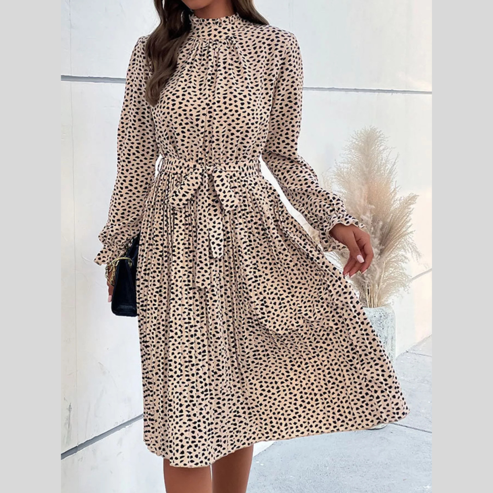 Animal Print Mock Neck Flounce Sleeve Dress