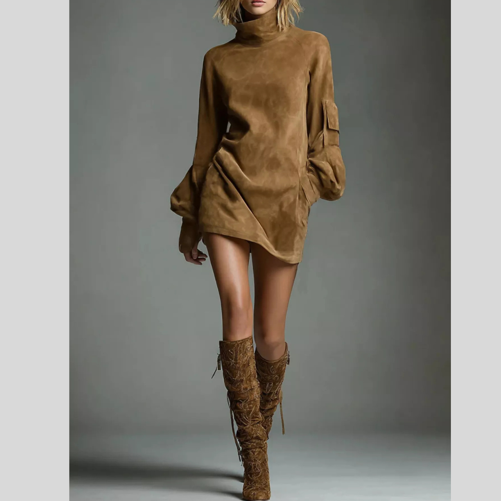 Full Size Suede Turtleneck Lantern Sleeve Mini Dress Plus Size