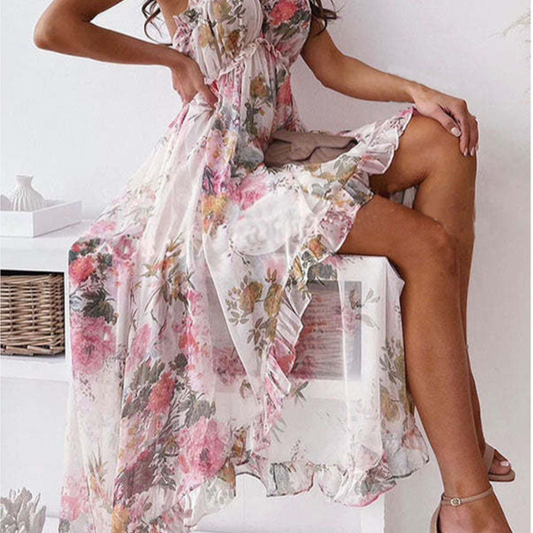 Women's Spaghetti Strap V-Neck Floral Sundress Flowy Fairy Style Summer Dress-FREE USA SHIPPING