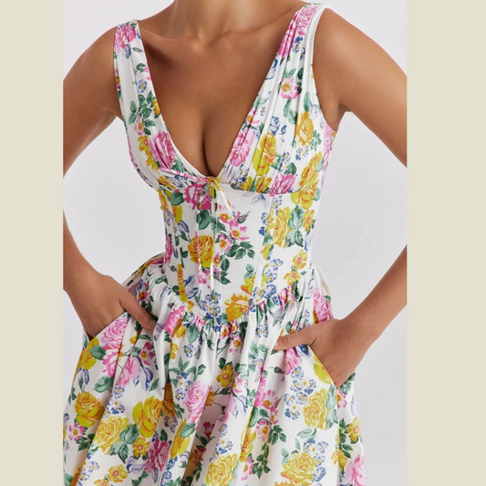 Floral V-Neck Sleeveless Midi Dress with Pockets
