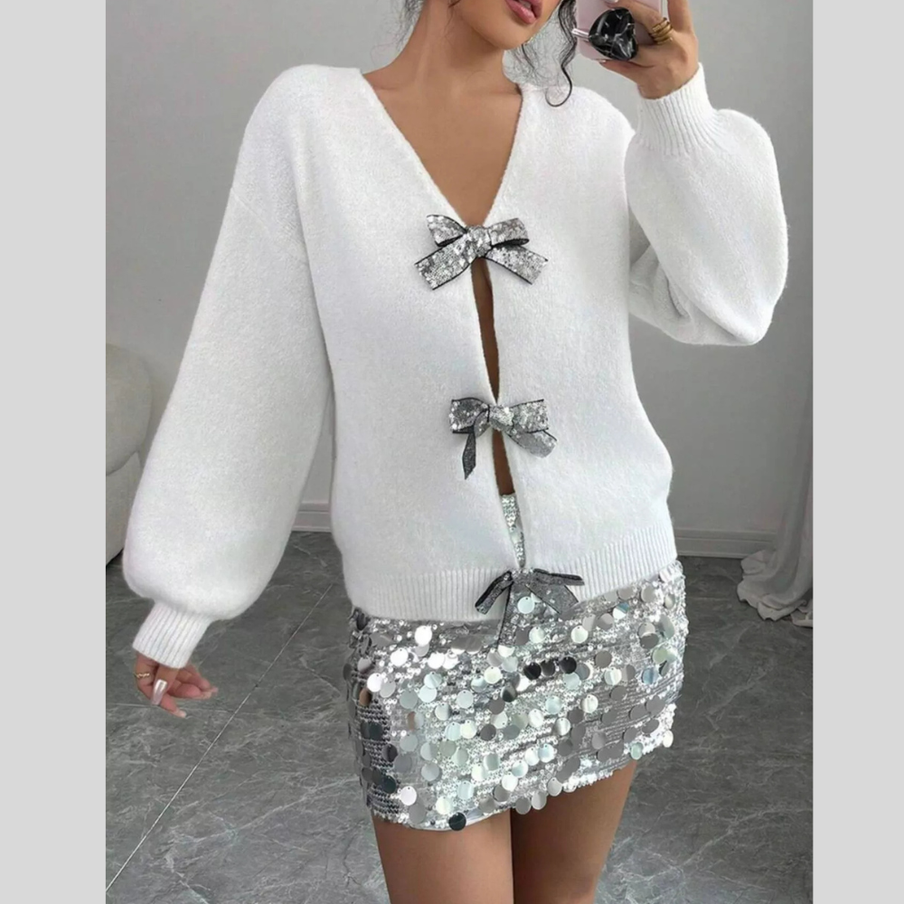Bow-Decor Dropped Shoulder Knit Cardigan