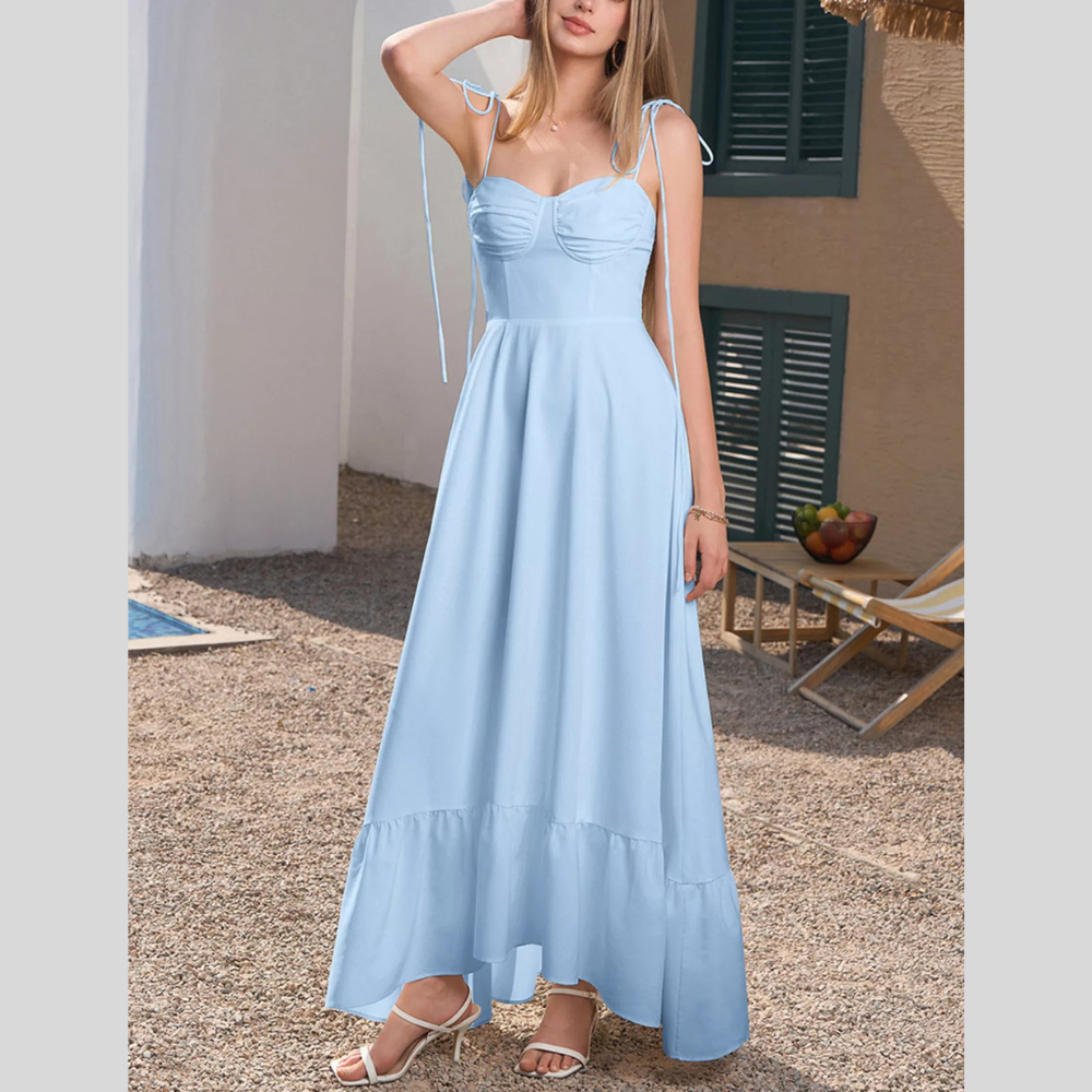 Sweetheart Neck Tie-Strap Ruffle Hem Maxi Dress