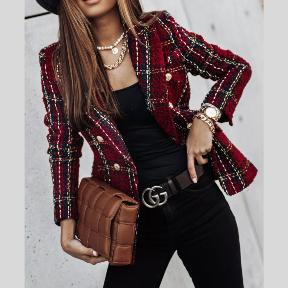 Plus Size Plaid Tweed Double-Breasted Blazer Jacket