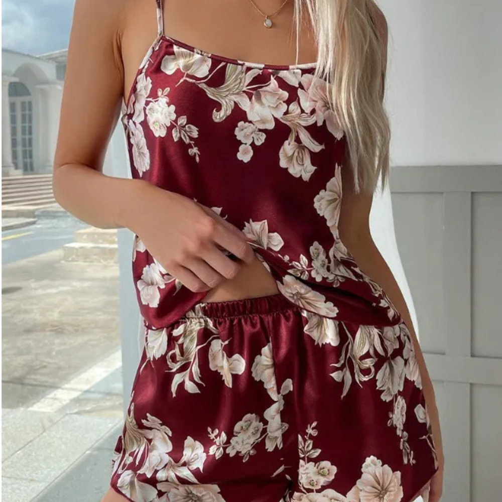 Satin Print Suspender Shorts Pajamas Suit