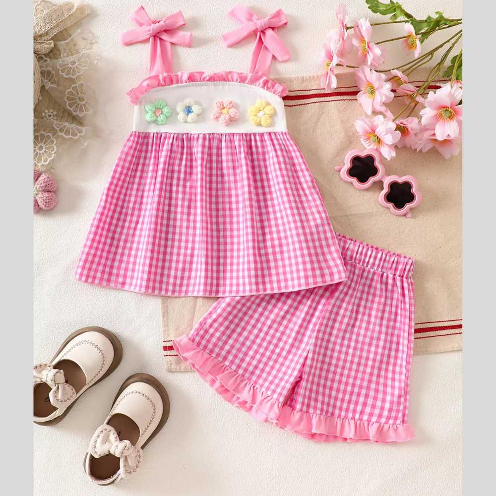Children's Floral Applique Gingham Cami Top & Shorts Set