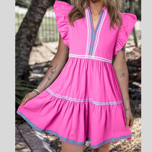 Ruffled Notched Cap Sleeve Mini Dress