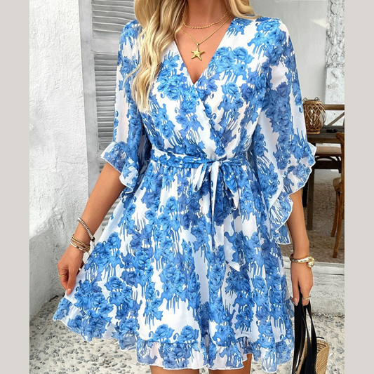 Devine Printed Surplice Ruffled 3/4 Sleeve Mini Dress