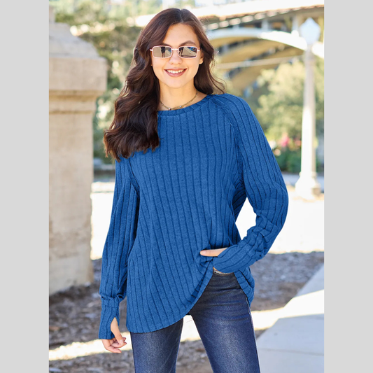 Basic Bae Full Size Ribbed Round Neck Long Sleeve Knit Top