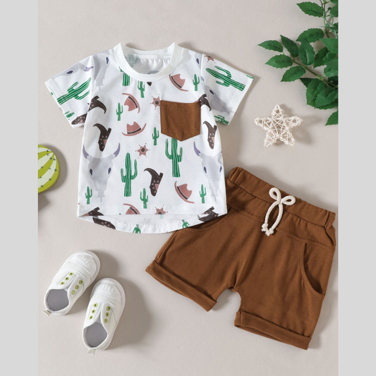 Children's Cactus Cowboy Print Pocket Tee & Shorts Set