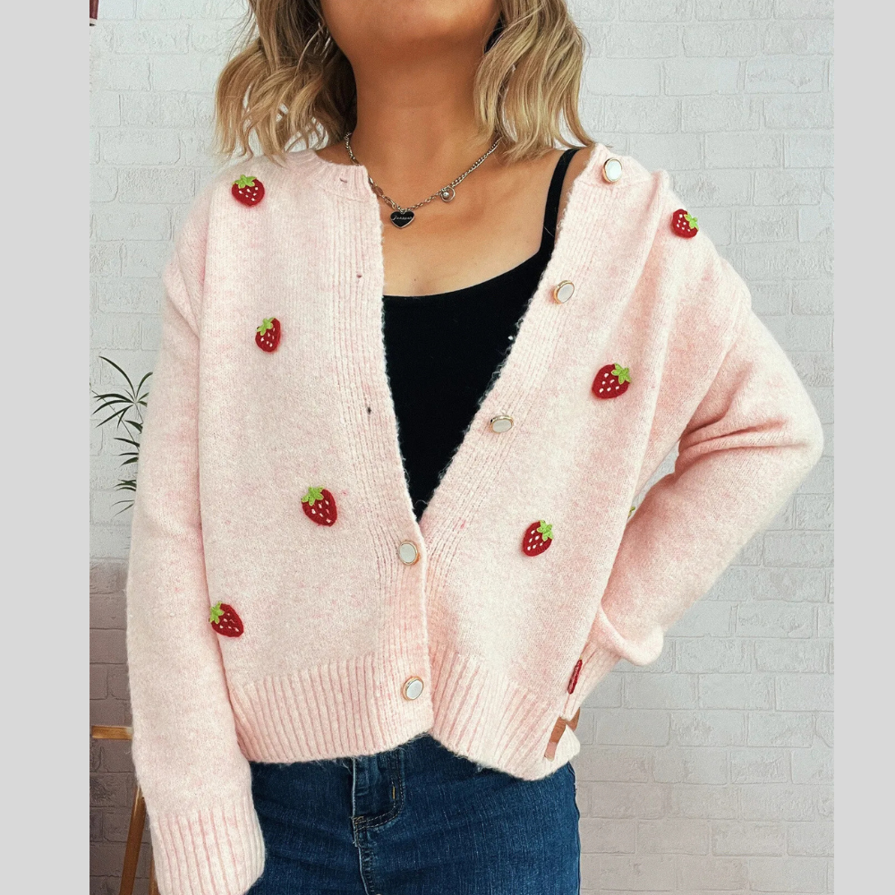 Strawberry Button Up Long Sleeve Cardigan