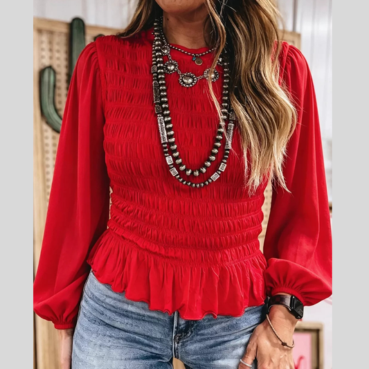 Smocked Balloon Sleeves Peplum Blouse