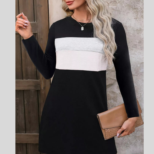 Plus Size Color Block Long Sleeve Casual Mini Dress