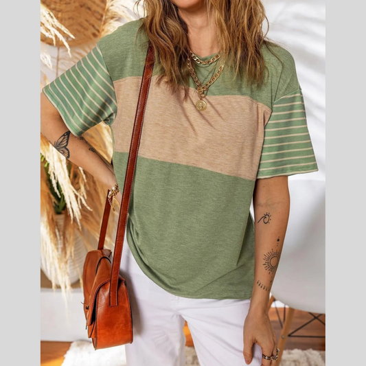 Color Block Striped Sleeve Casual T-Shirt