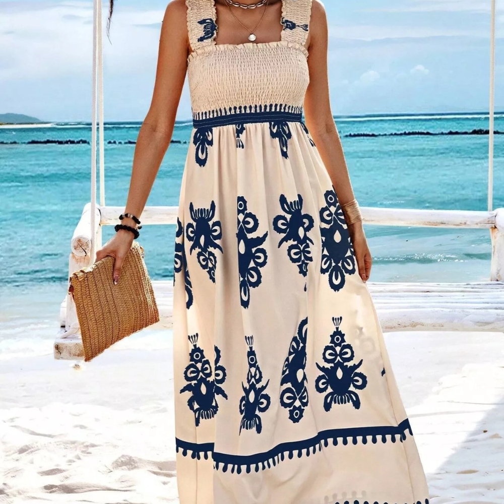 Smocked Printed Square Neck Maxi Dress