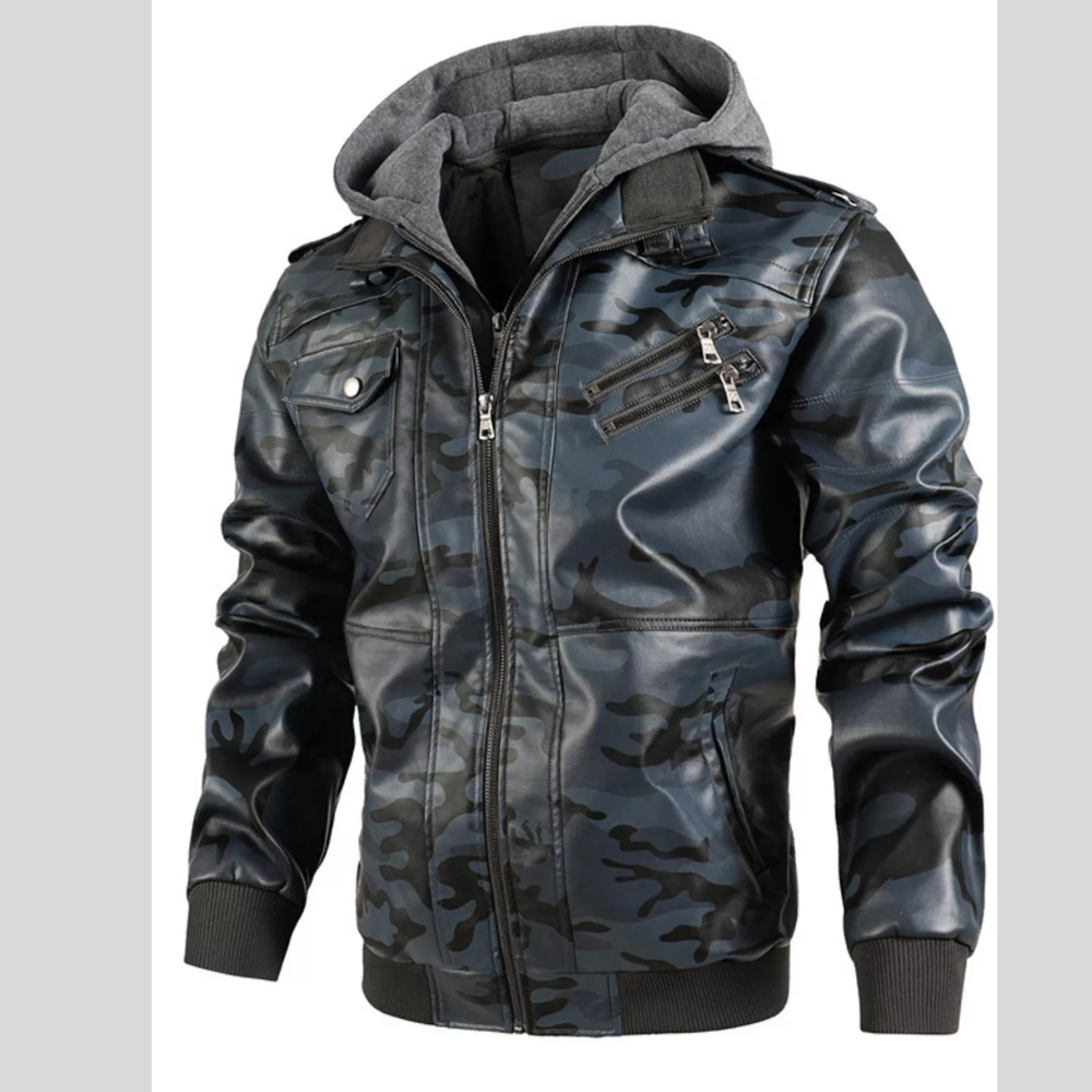 Men's Full Size Camouflage Hooded Faux Leather Jacket Plus Size