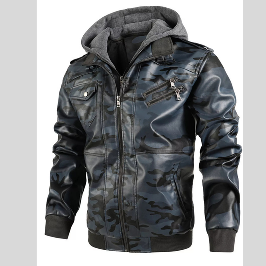 Men's Full Size Camouflage Hooded Faux Leather Jacket Plus Size