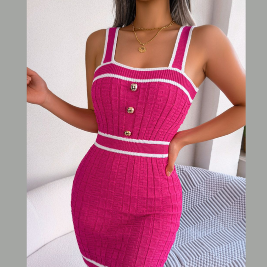 Contrast Trim Decorative Button Sleeveless Knit Dress