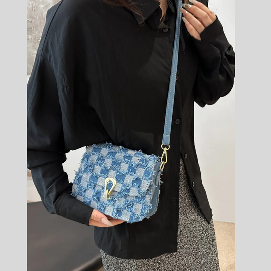 Checkered Raw Hem Adjustable Strap Crossbody Bag